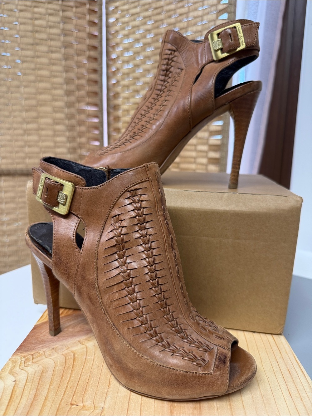 Vince Camuto honey tan leather woven peep-toe stiletto booties